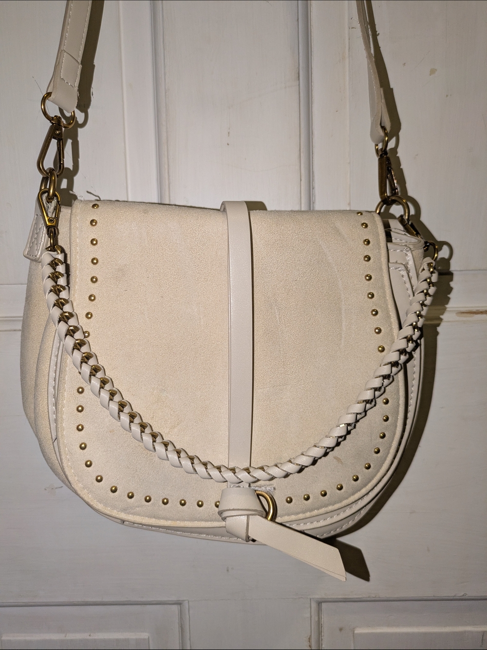 Rachel Zoe Cream Studded Braided-Trim Saddle Bag